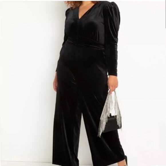 Eloquii Black Velvet Jumpsuit with Waistband Tie & Wide Legs & Puff Shoulder 16 - Picture 1 of 7